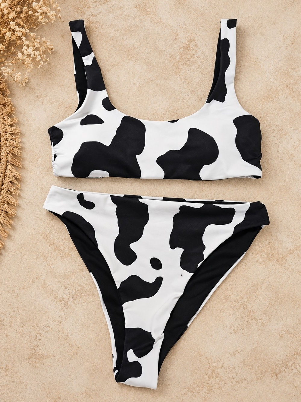 Cow Print Two Piece Bikini Set Black White Size L High Cut